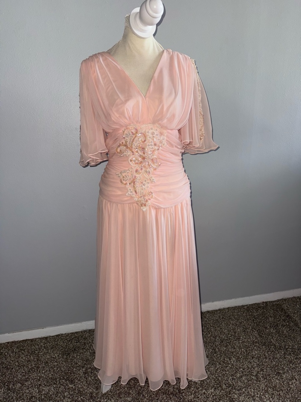 Casadei Blush Pink Chiffon Maxi Dress with Embellished Waist
